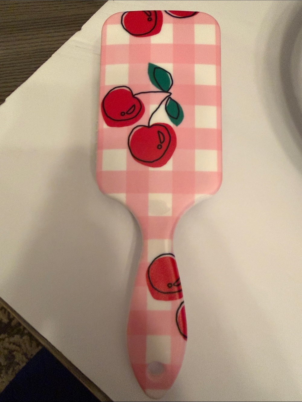 Cherry and pink checkered paddle hair brush